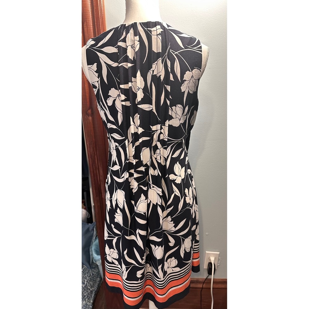 Perceptions New York Navy Floral Sleeveless Pleated Shift Dress Coral Stripe M